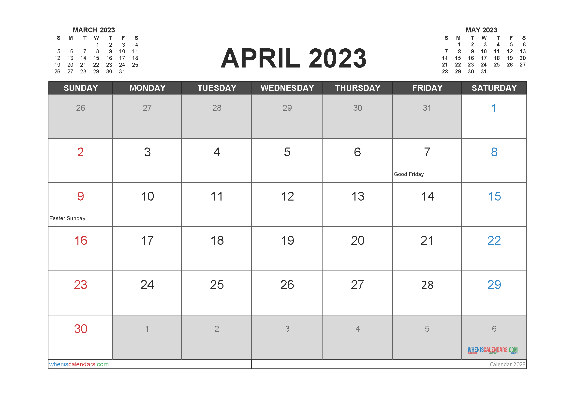 April 2023 Calendar Free Printable