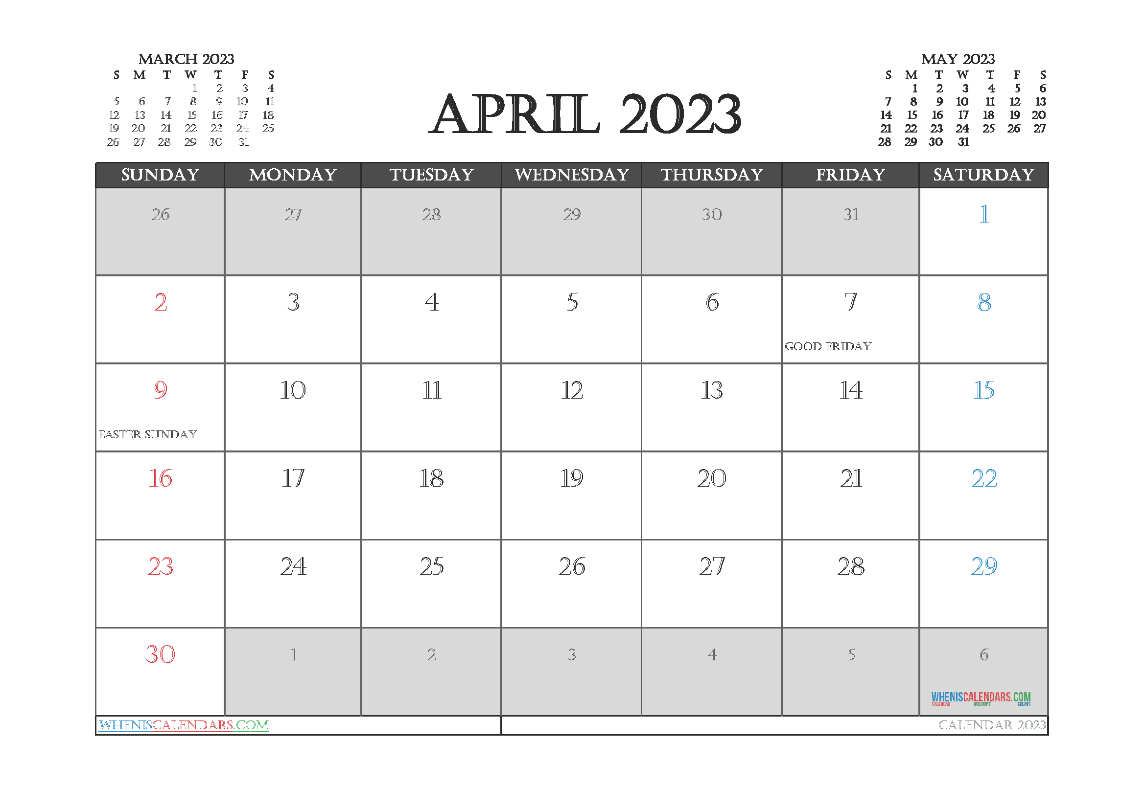 Free 2023 Calendar April Printable