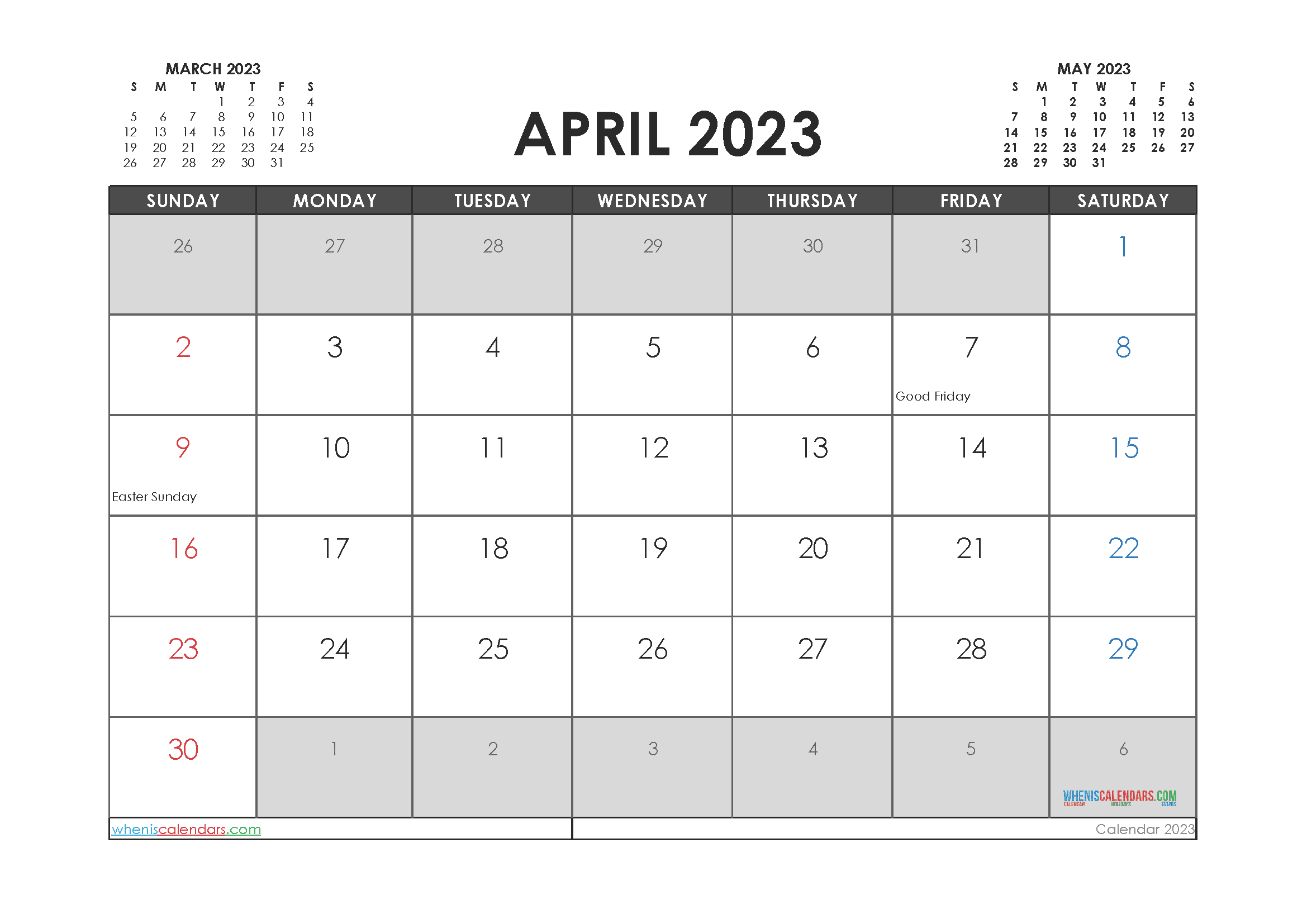 Printable April 2023 Calendar with Holidays