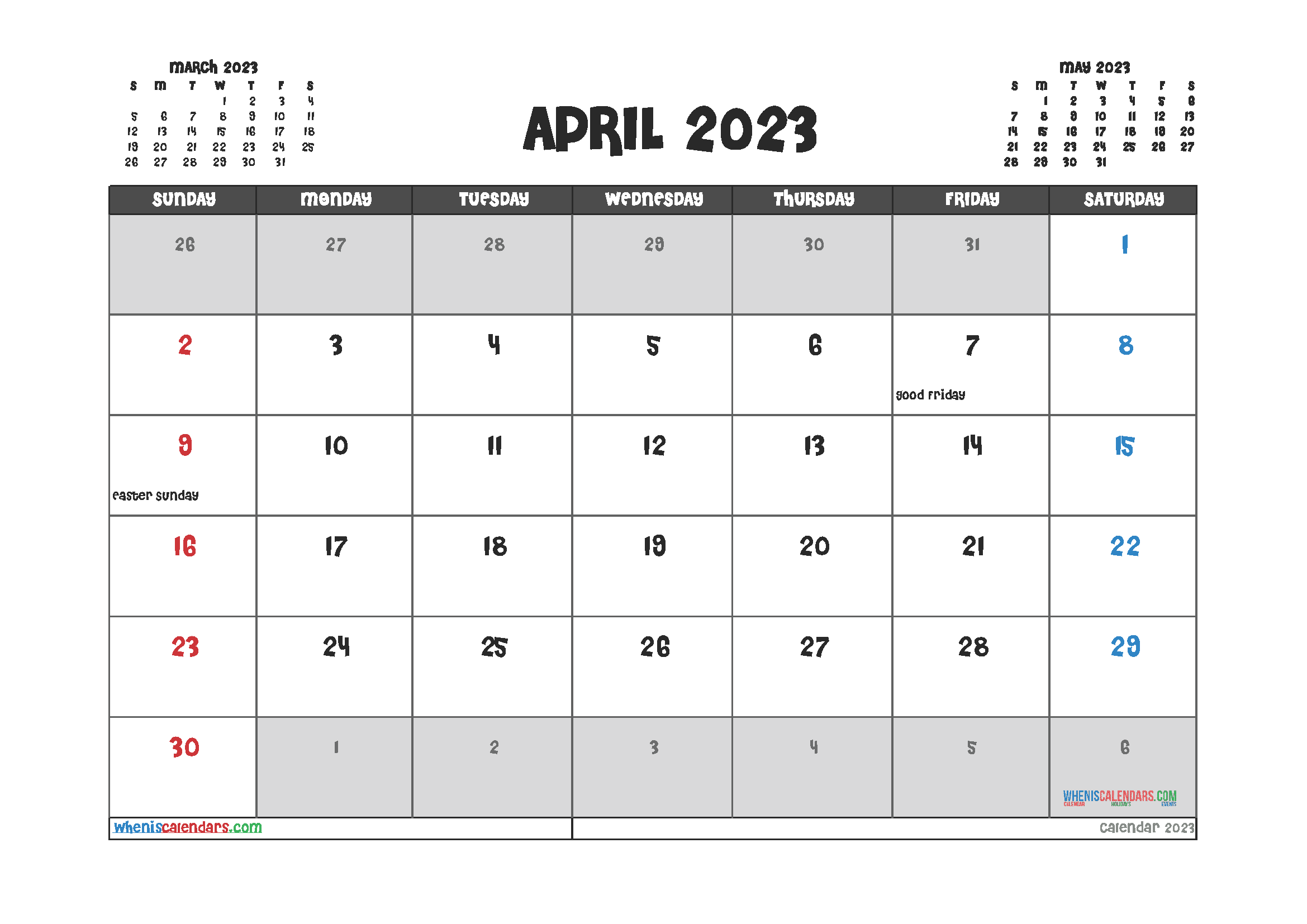 April 2023 Calendar with Holidays Printable
