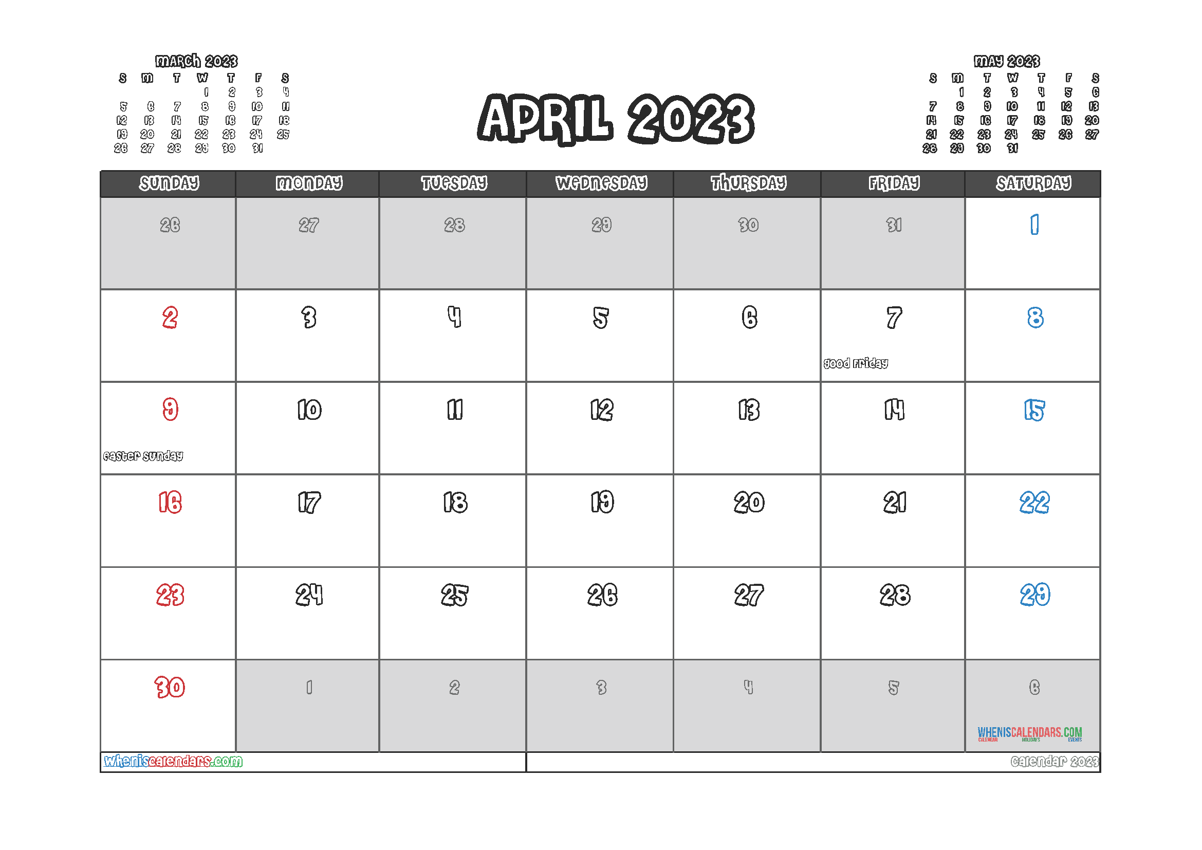 Free April 2023 Calendar with Holidays