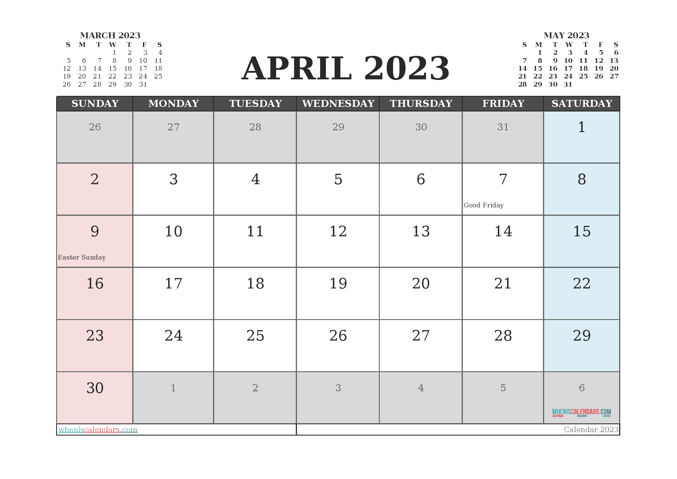 Printable April 2023 Calendar with Holidays