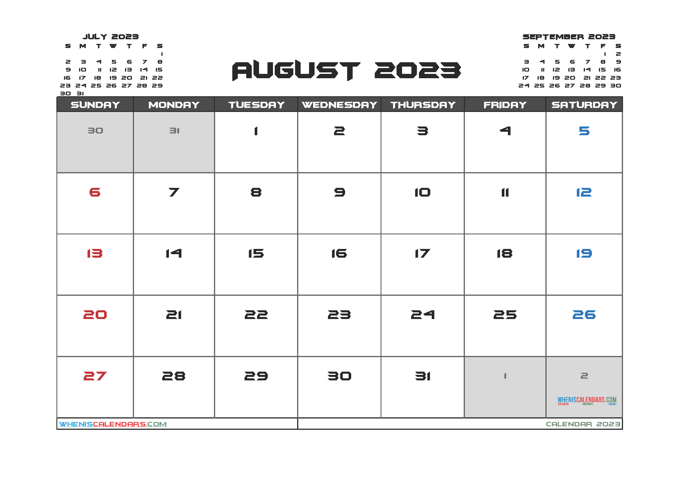 August 2023 Calendar with Holidays Free