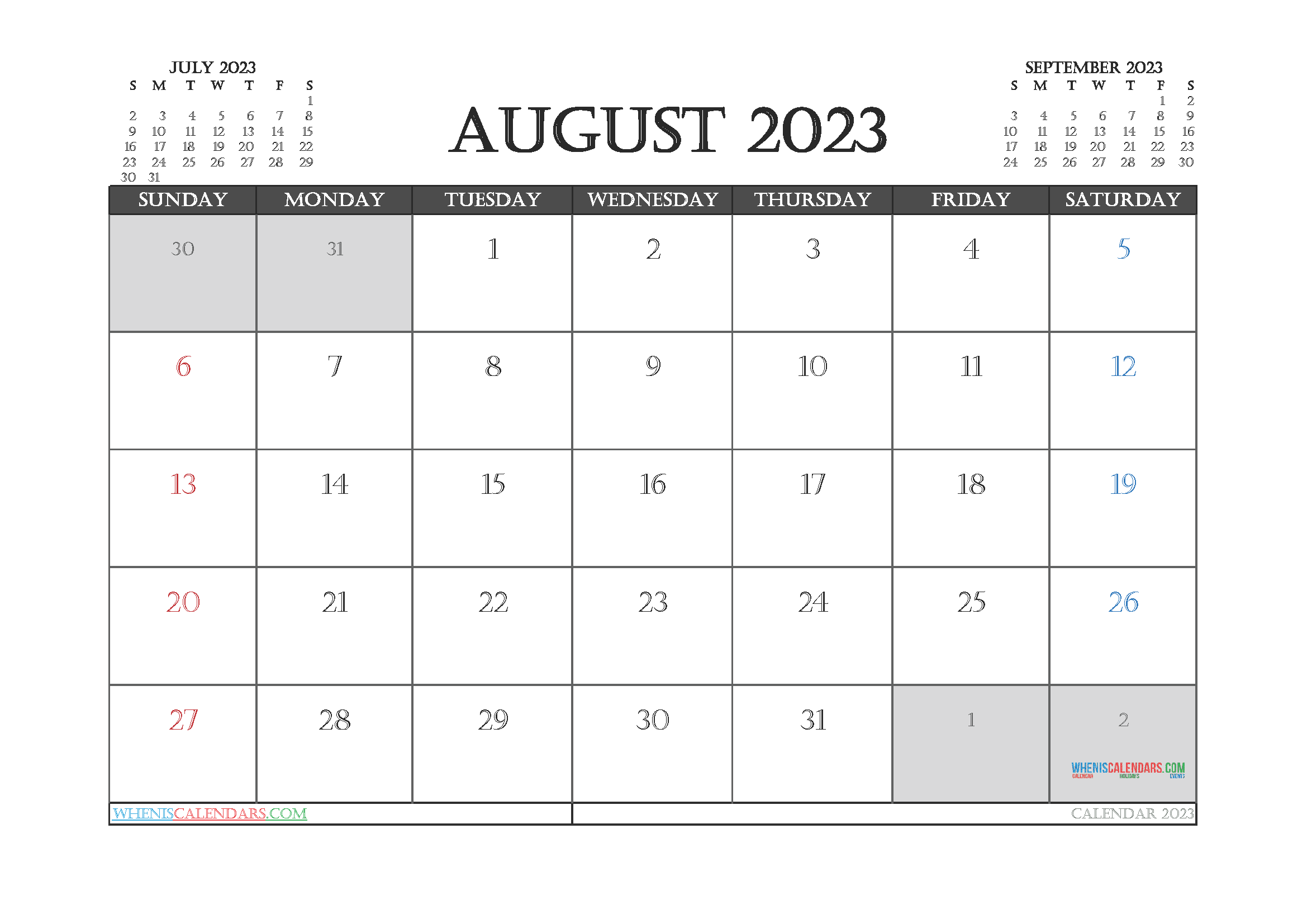 Free 2023 Calendar August Printable