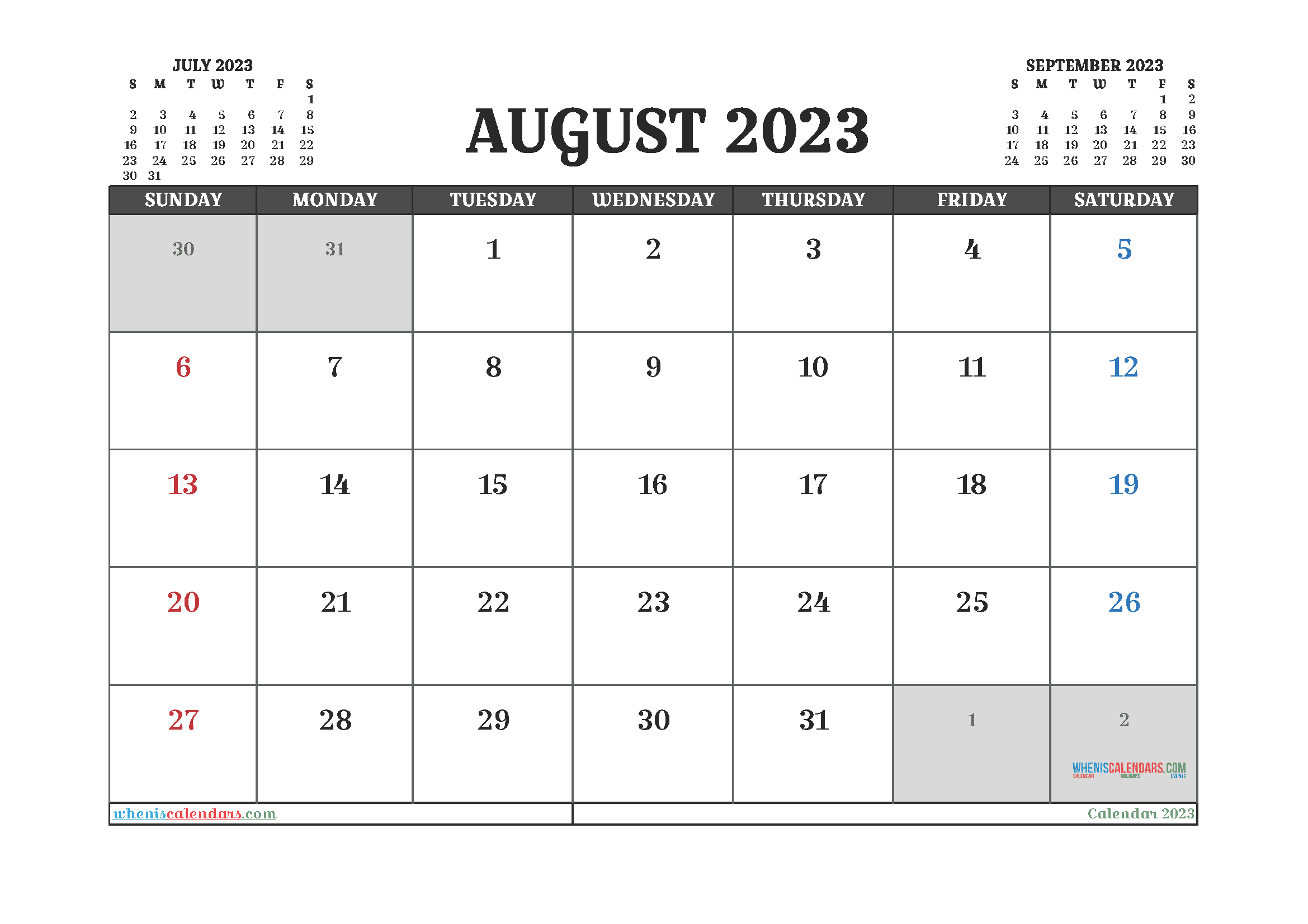 August 2023 Printable Calendar Free
