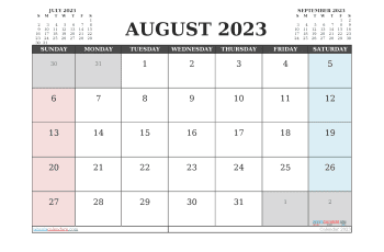 Printable August 2023 Calendar with Holidays