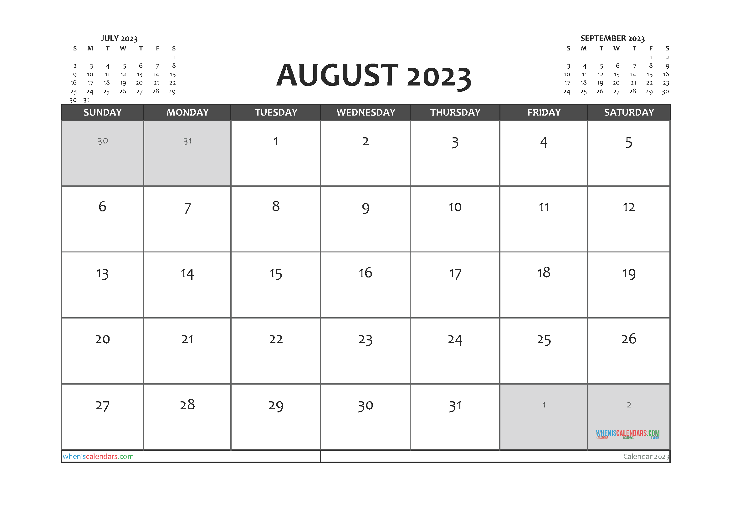 Printable August 2023 Calendar with Holidays