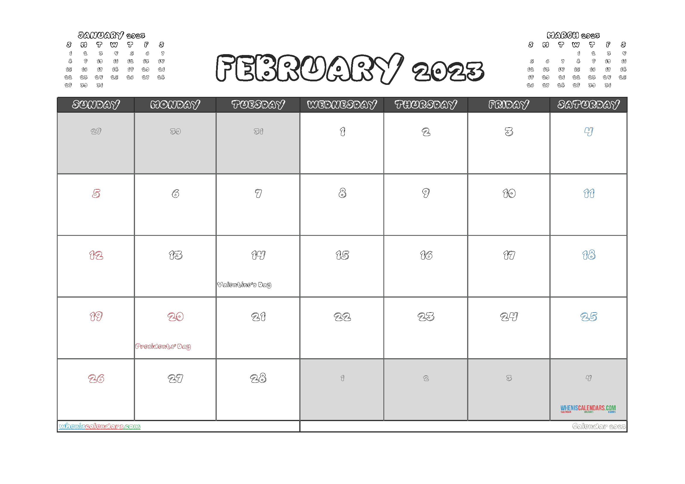 Free February Calendar 2023 Printable