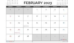 Printable February 2023 Calendar with Holidays