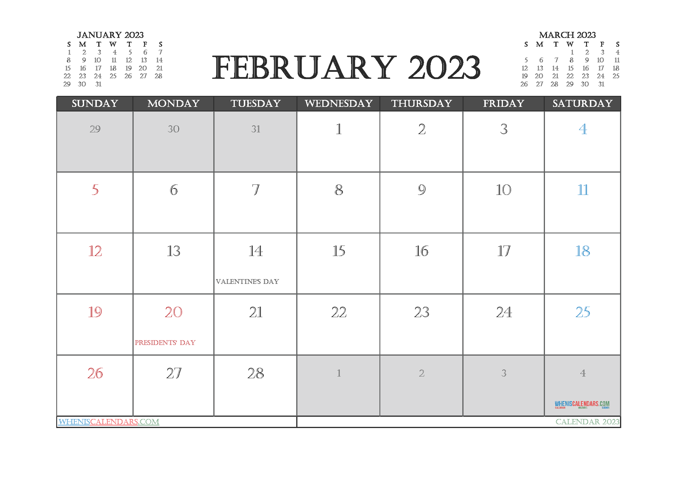 Free 2023 Calendar February Printable