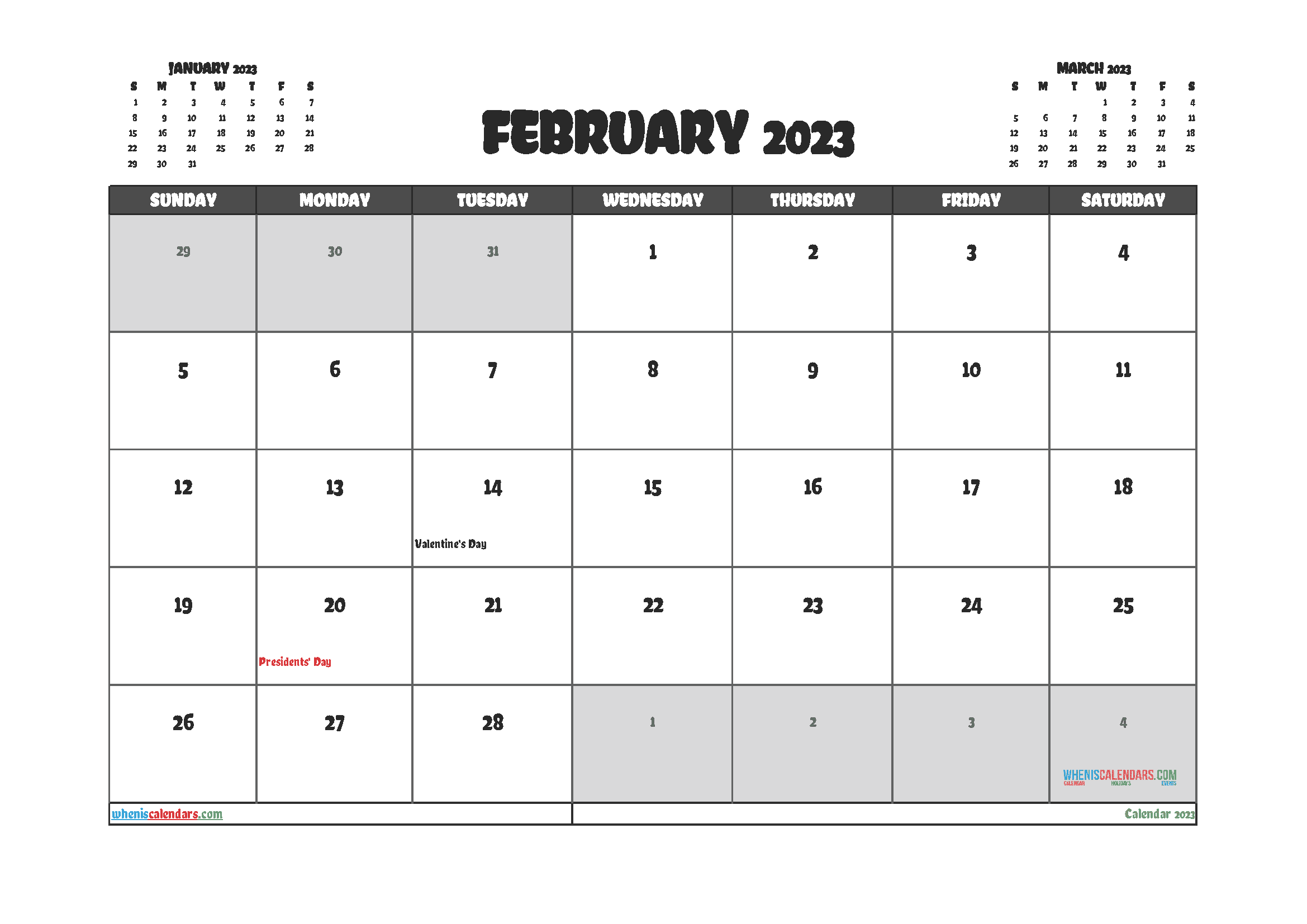 Free February 2023 Calendar with Holidays