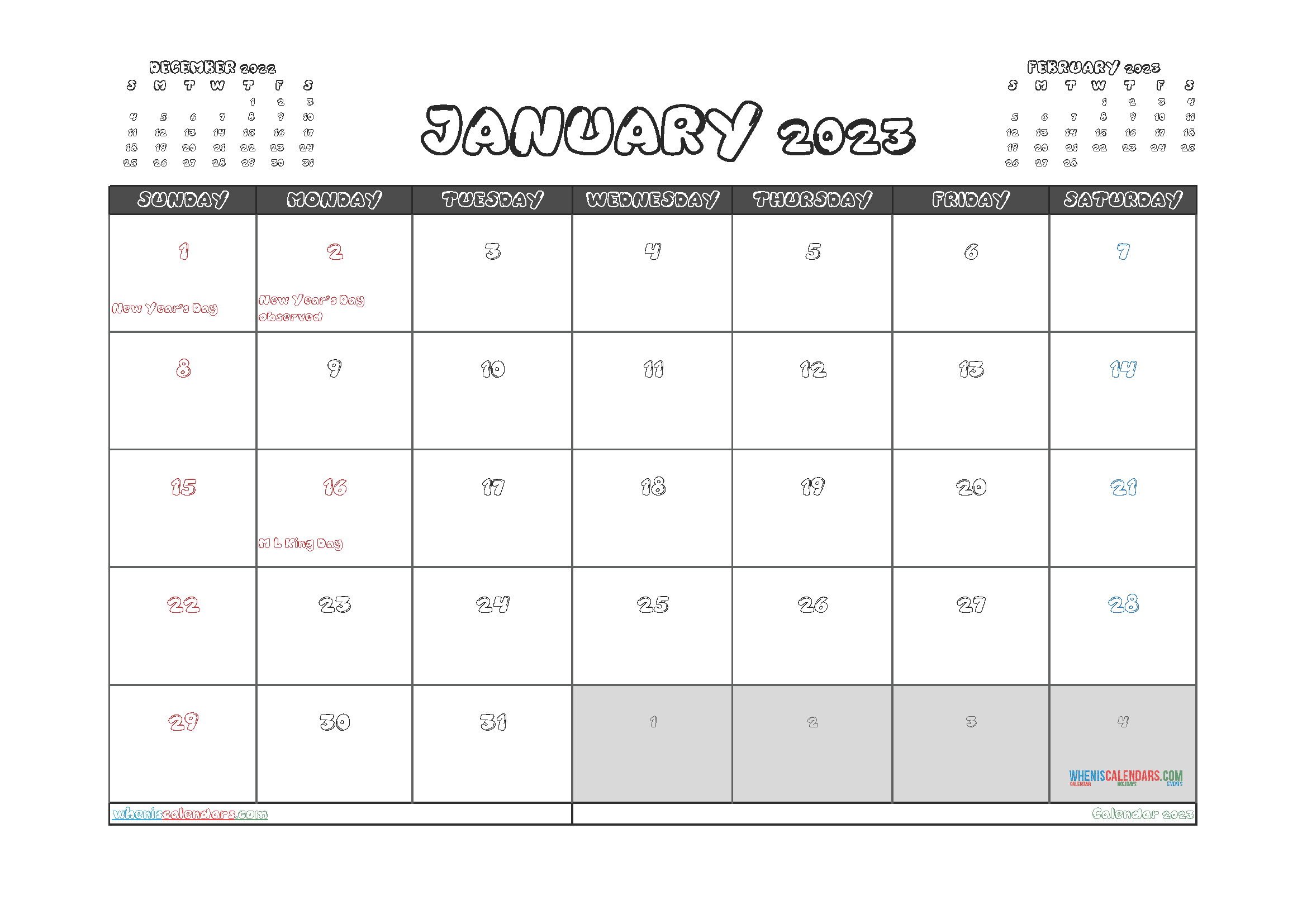 Free January Calendar 2023 Printable
