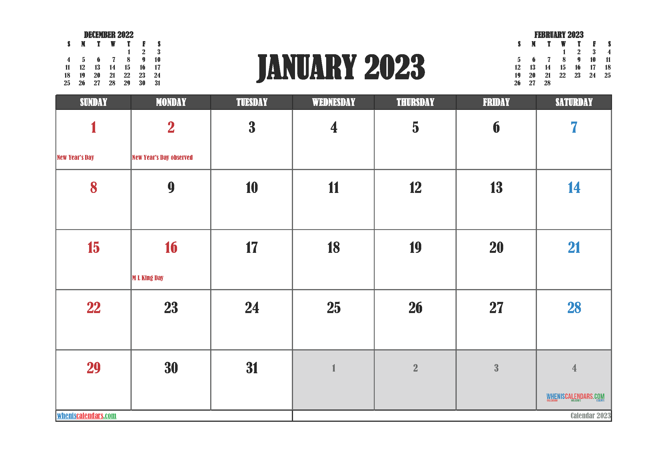 Free January 2023 Calendar Printable