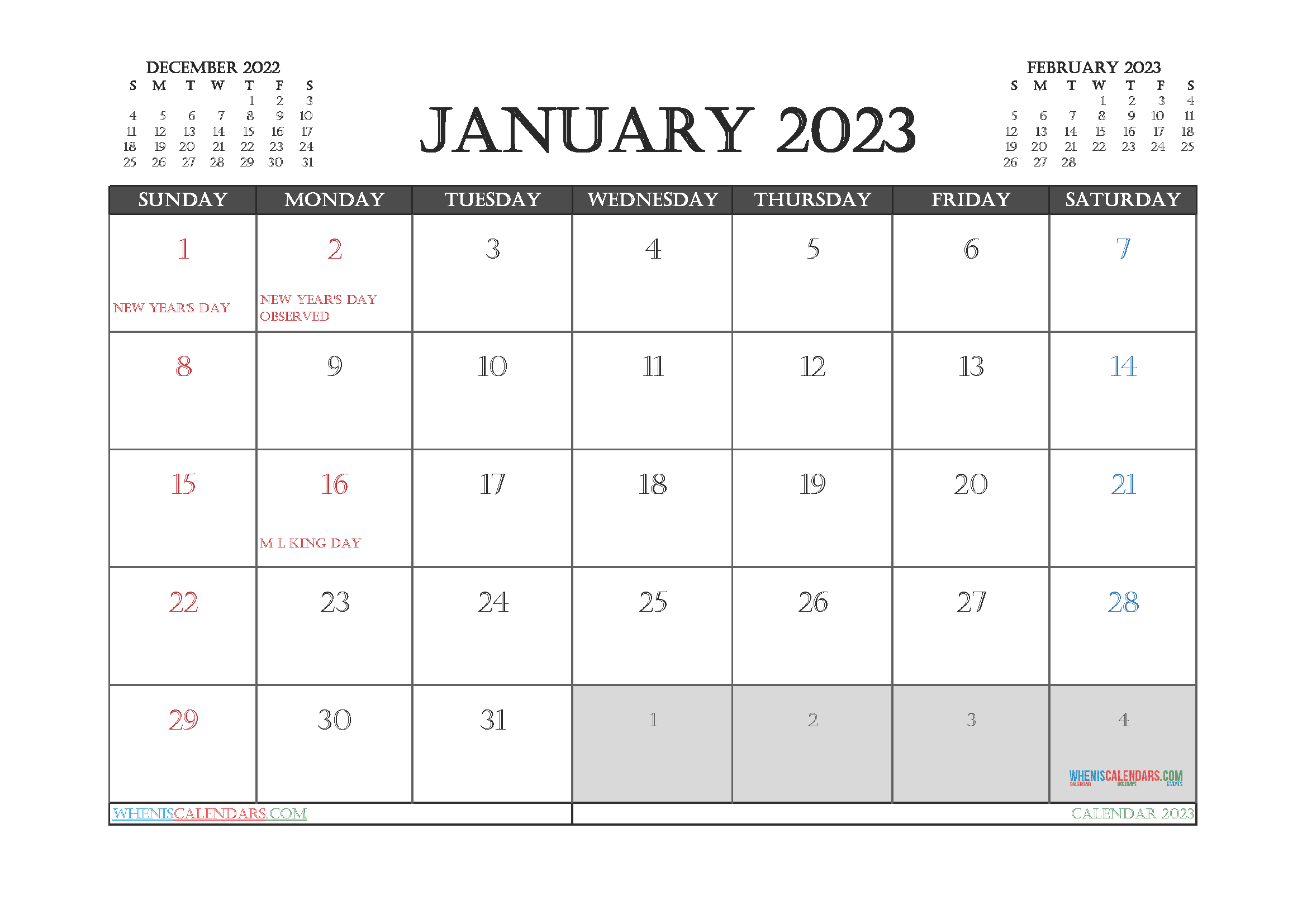 Free 2023 Calendar January Printable