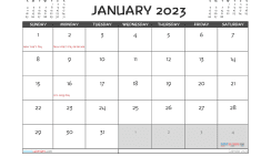 January 2023 Calendar with Holidays Printable