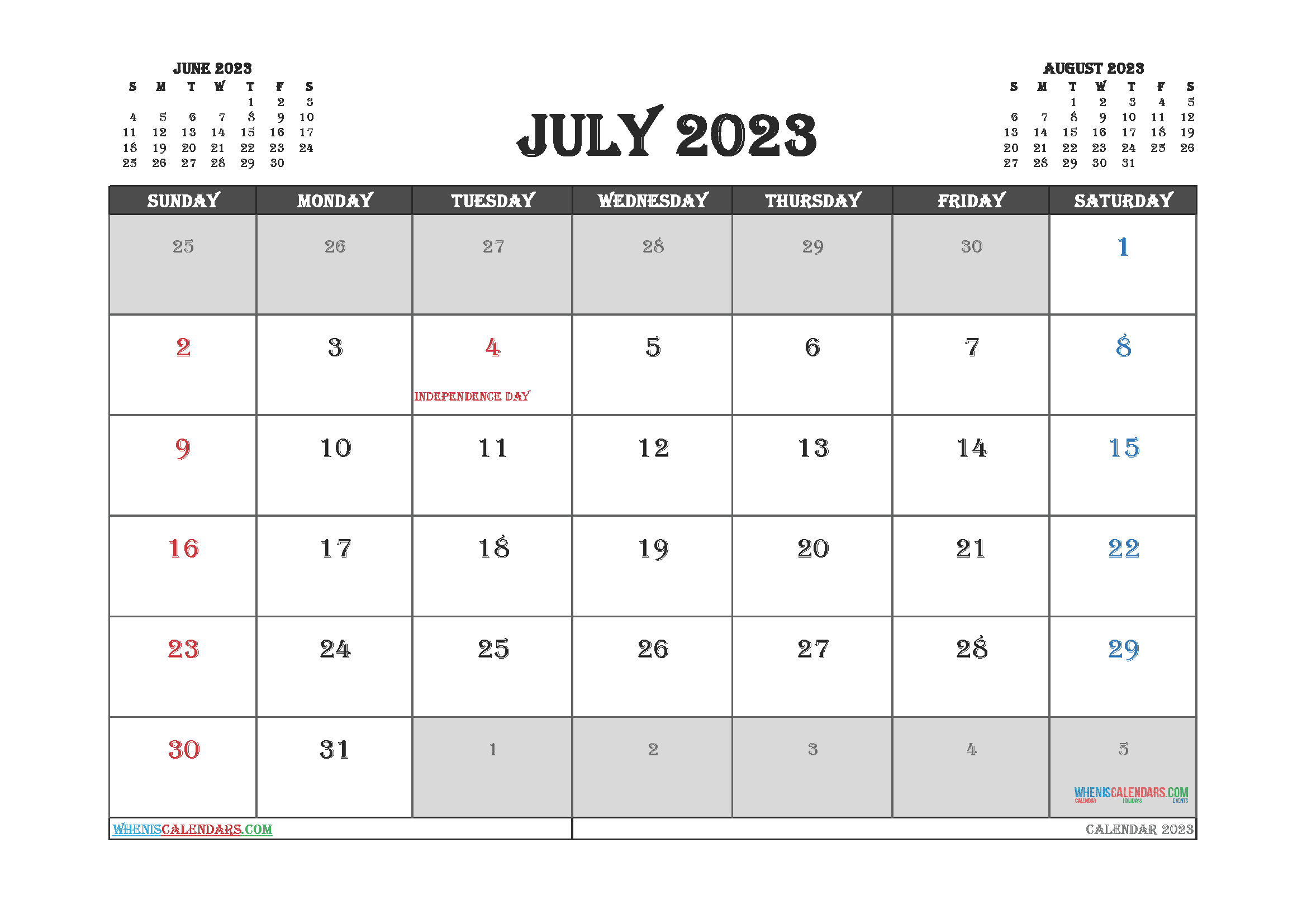 Free July 2023 Calendar with Holidays
