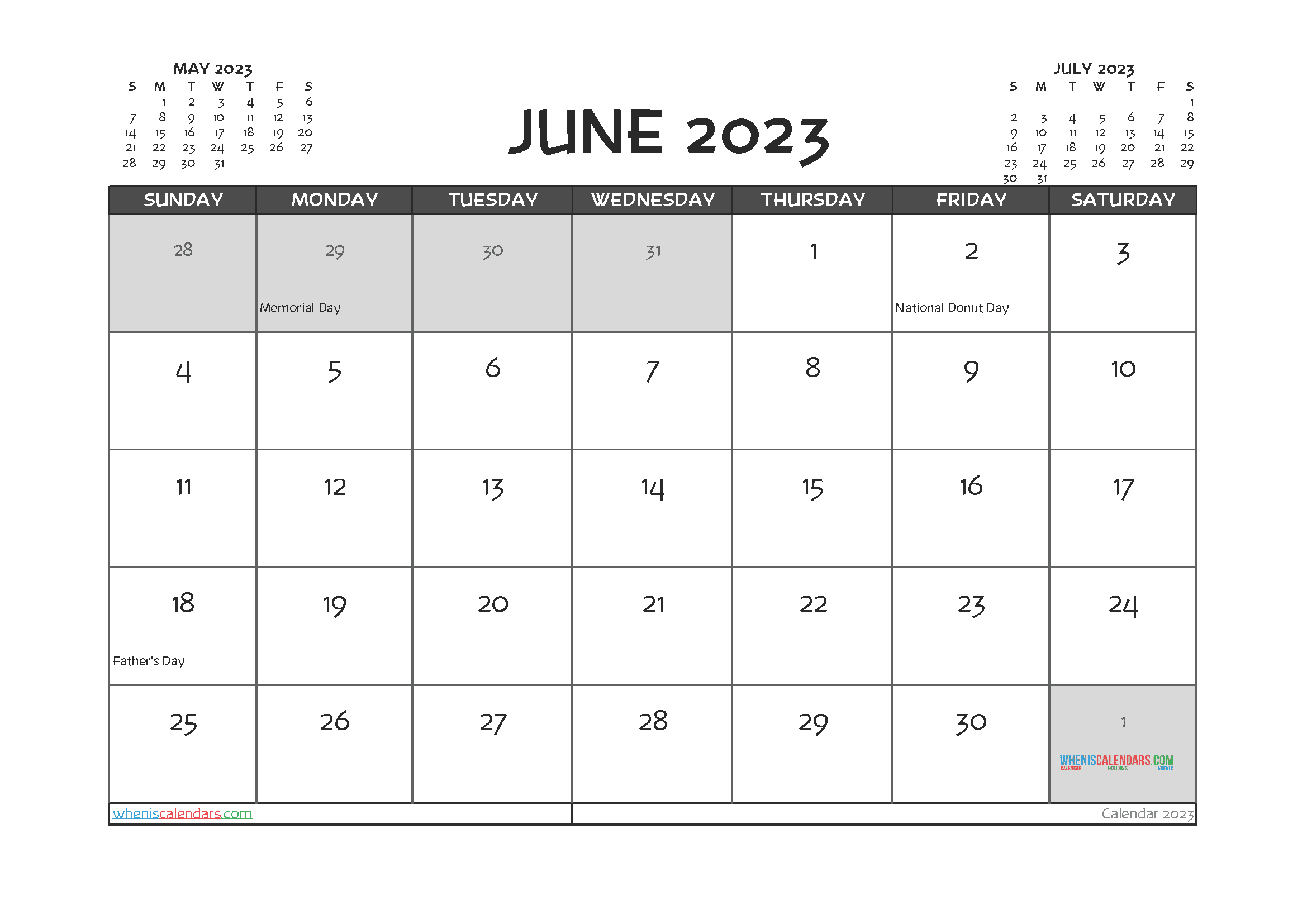 June 2023 Calendar with Holidays Printable