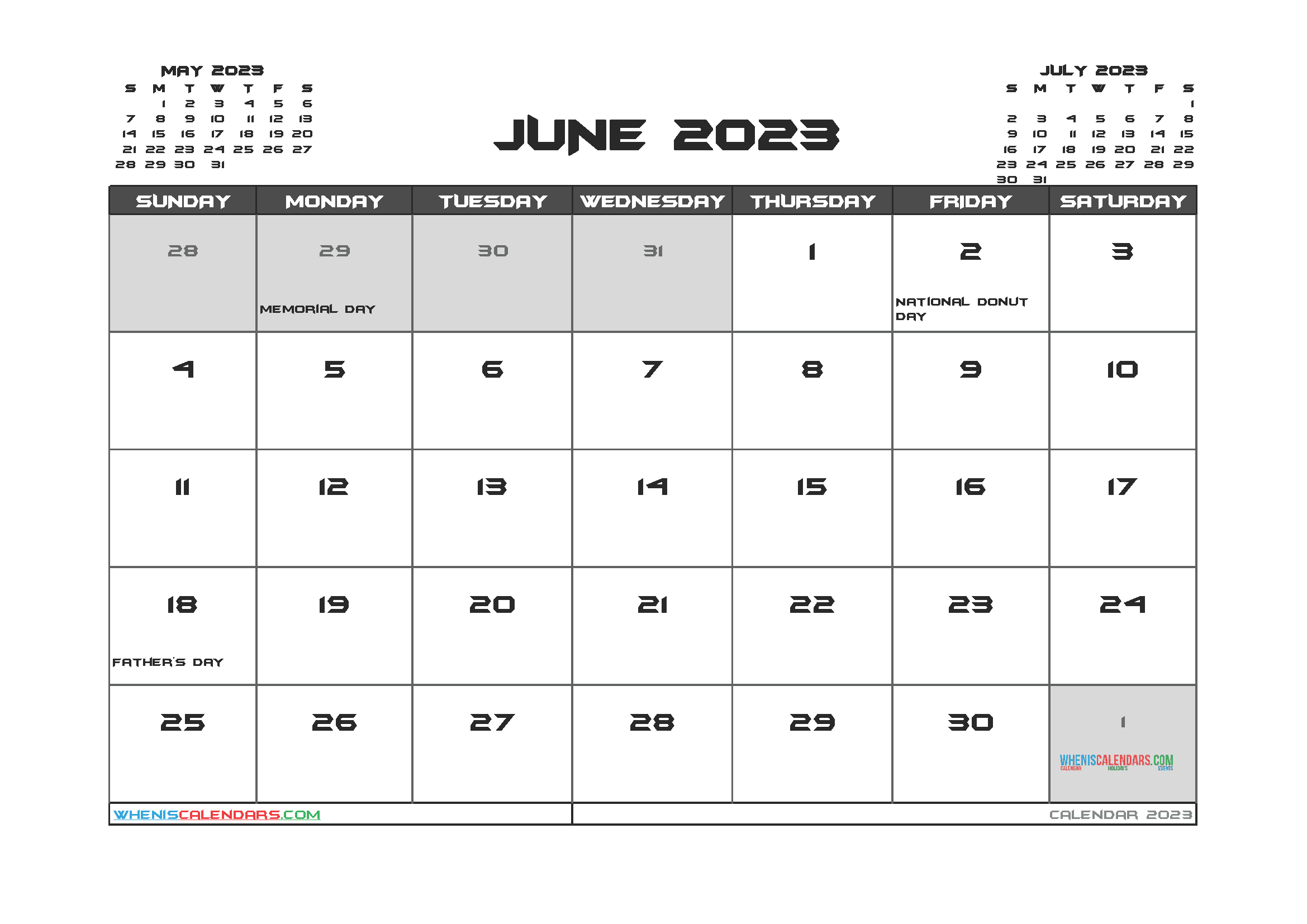 Free June 2023 Calendar with Holidays