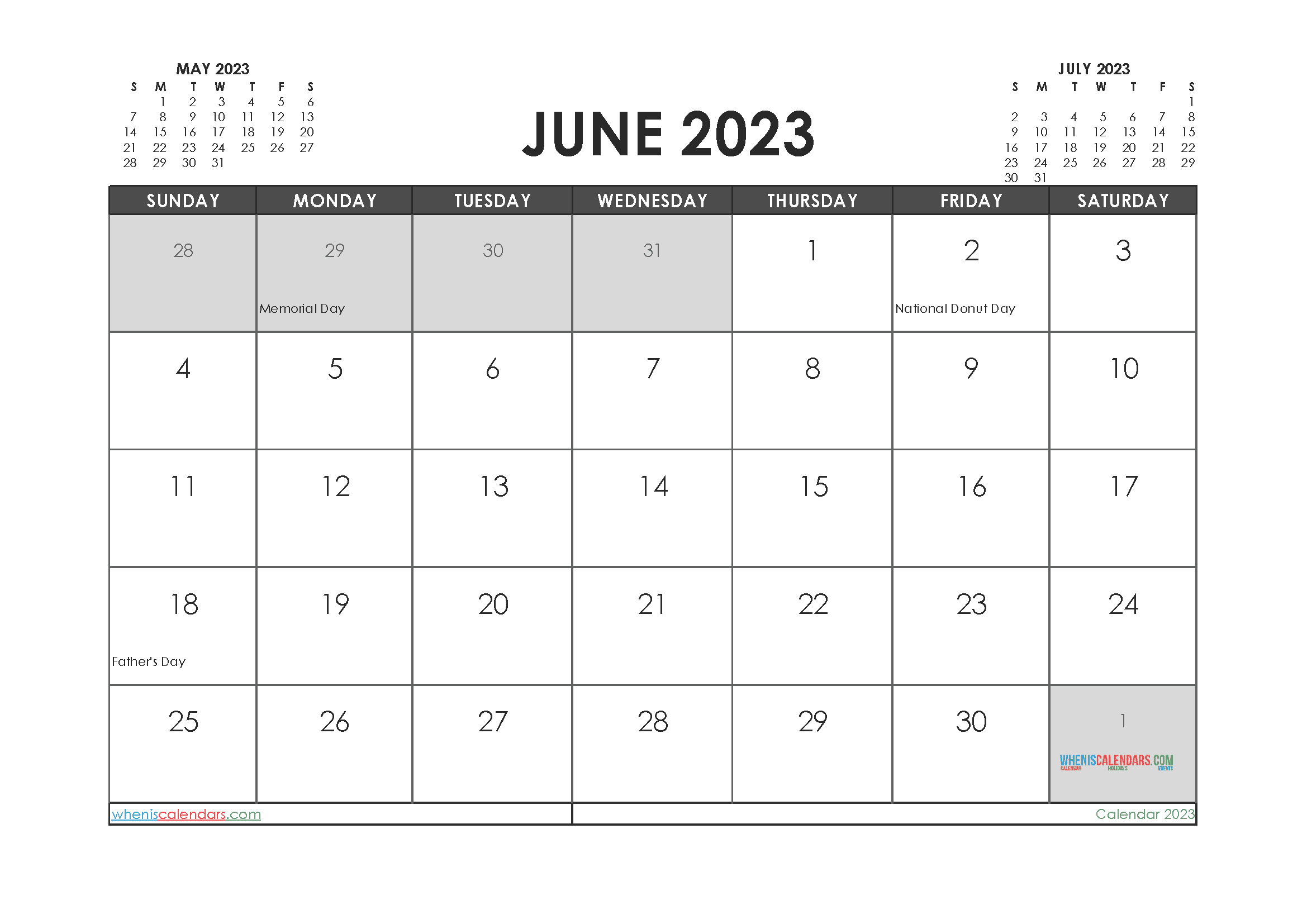 June 2023 Calendar with Holidays Printable