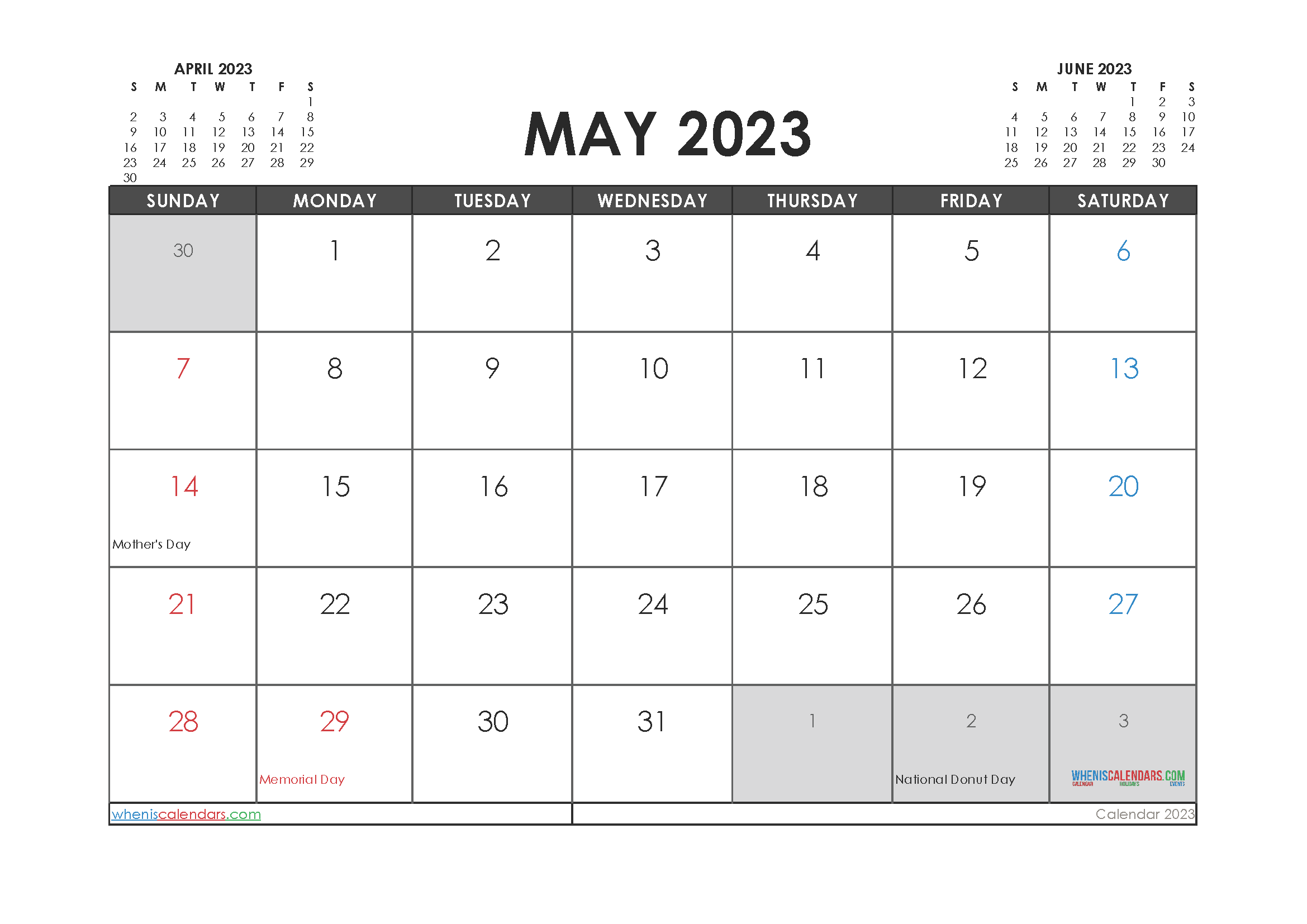 Printable May 2023 Calendar with Holidays