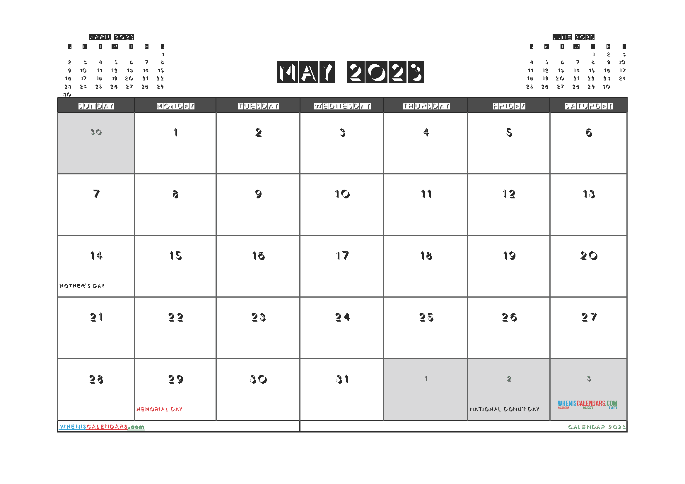 May 2023 Calendar with Holidays Printable