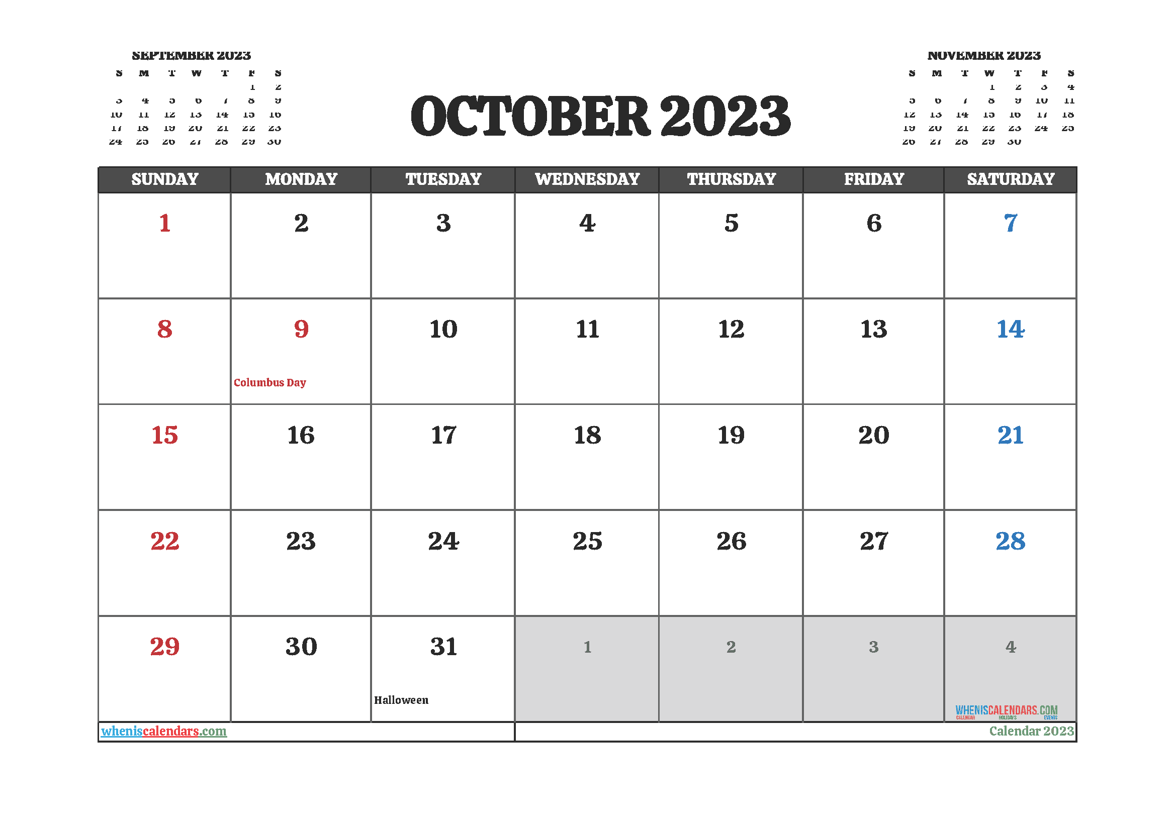 October 2023 Calendar Free Printable