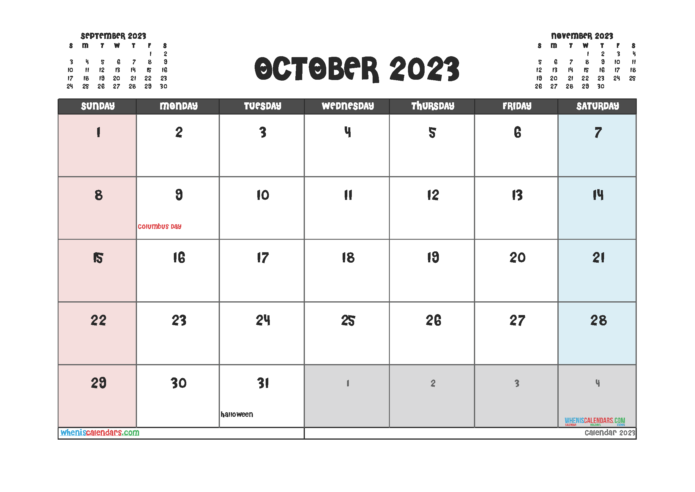 Free October 2023 Calendar with Holidays