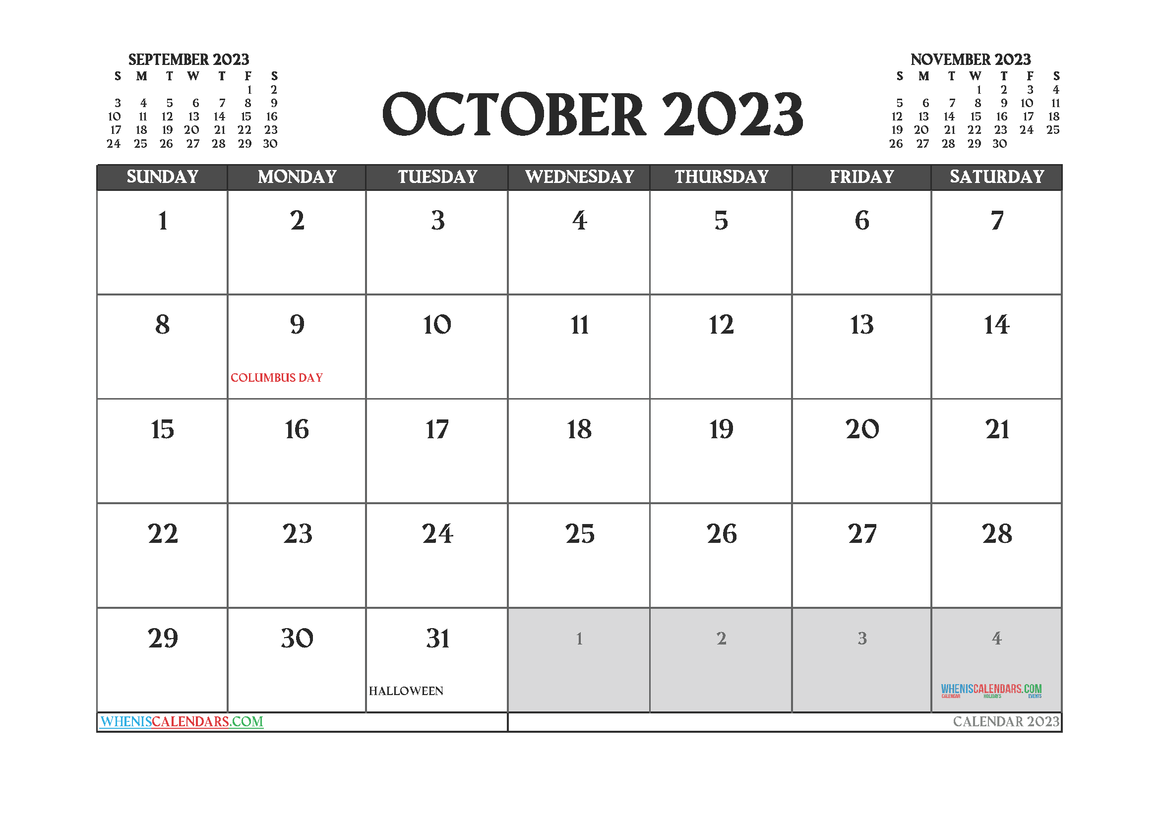 October 2023 Printable Calendar Free