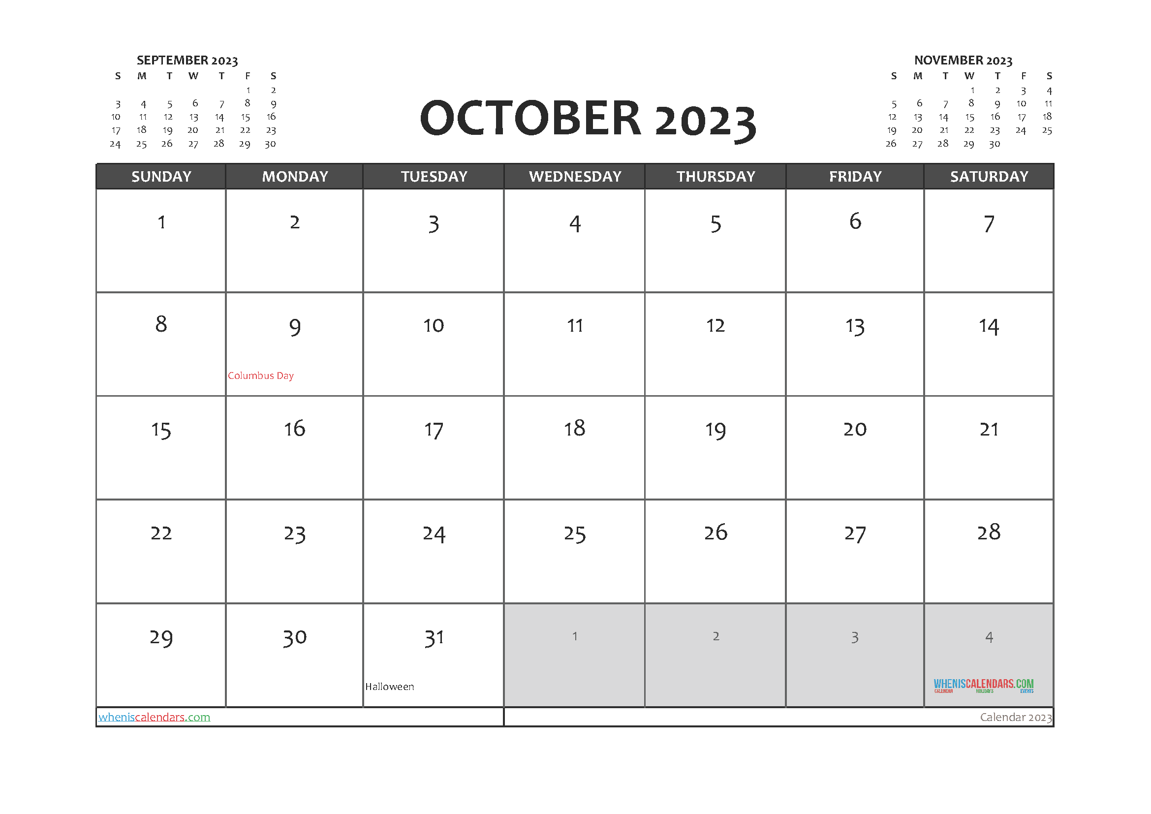 Printable October 2023 Calendar with Holidays