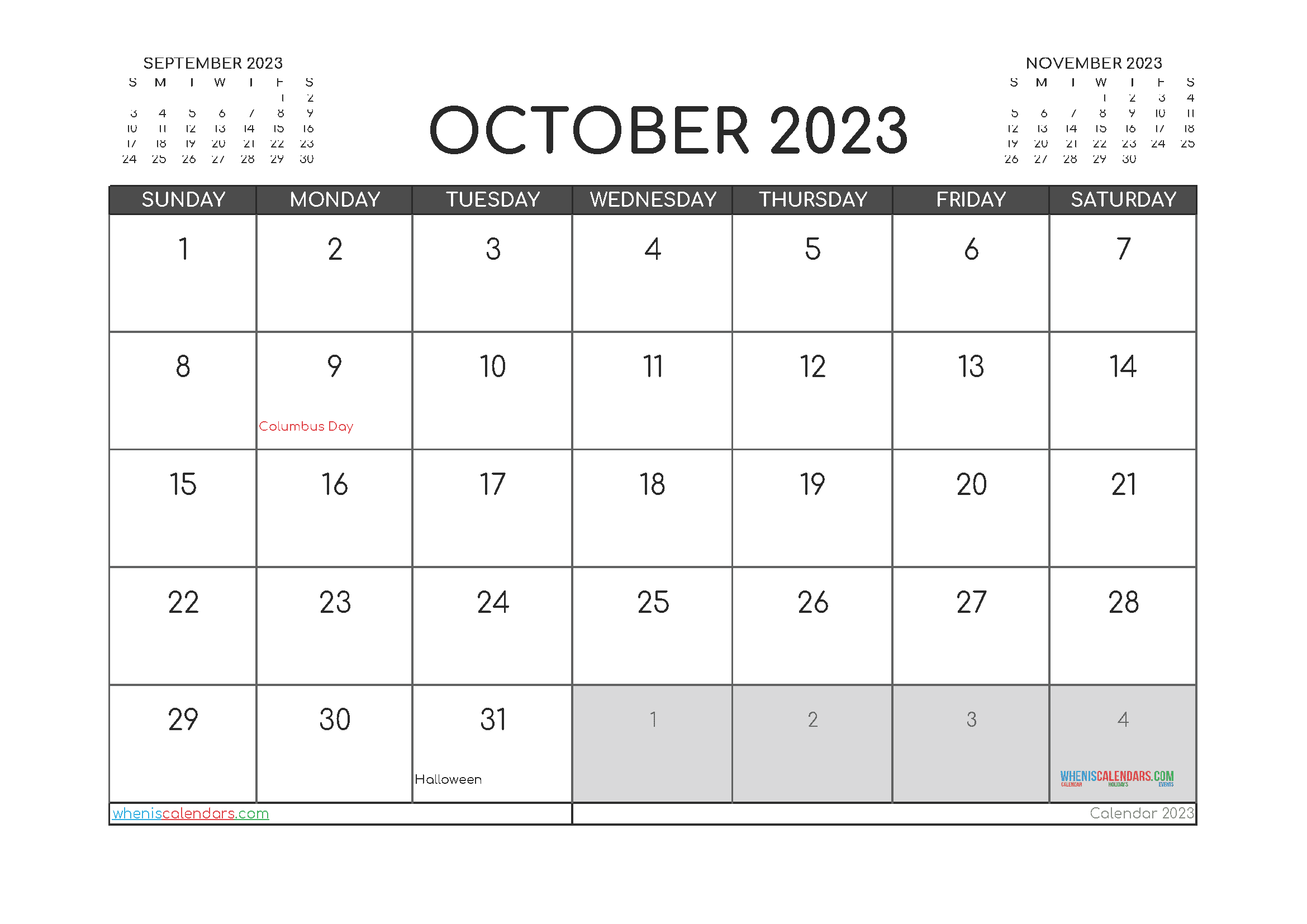October 2023 Printable Calendar Free