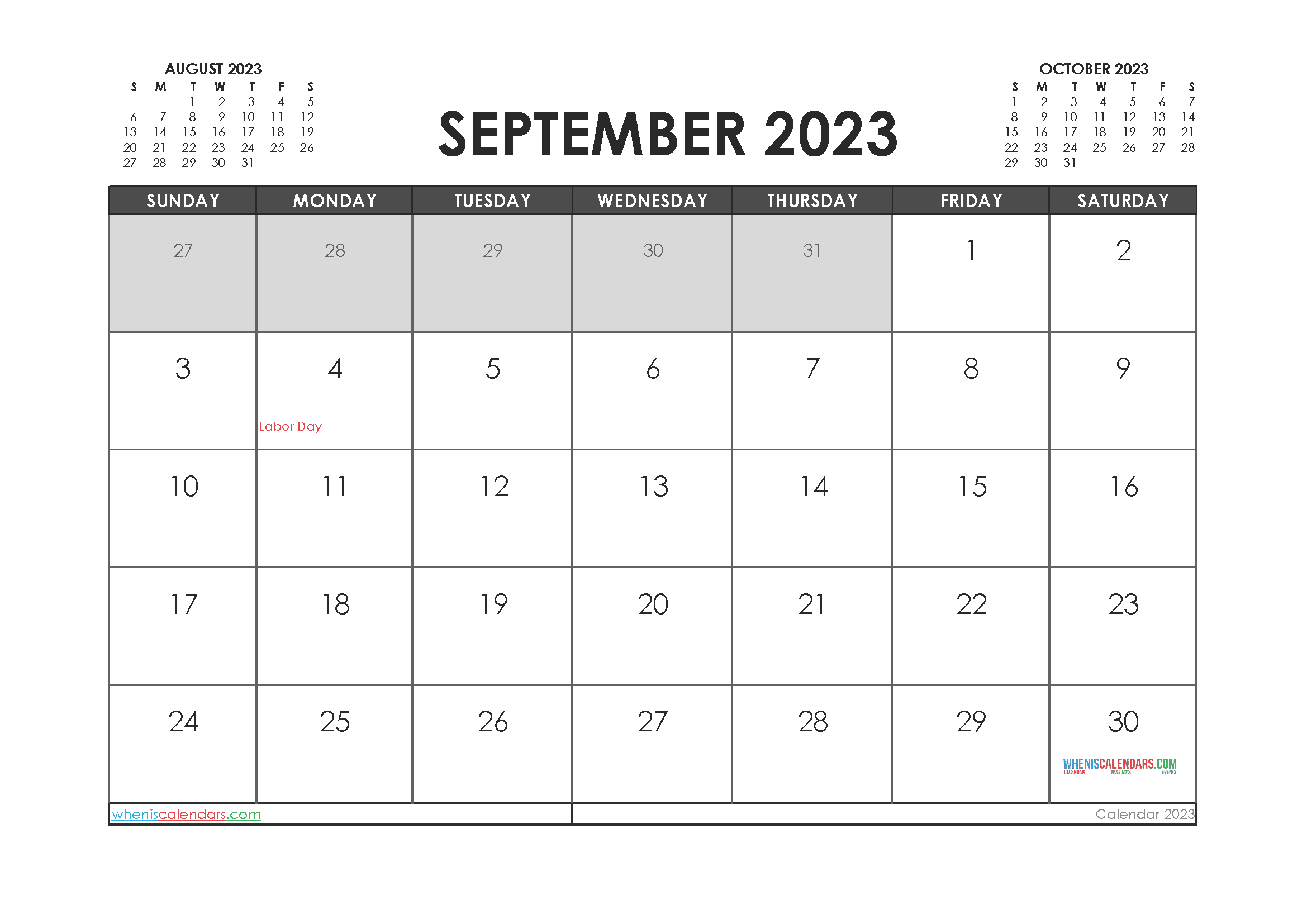 September 2023 Calendar with Holidays Printable