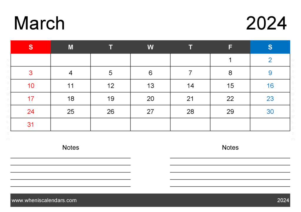 Download 2024 March Calendar Free Printable A4 Horizontal 34201