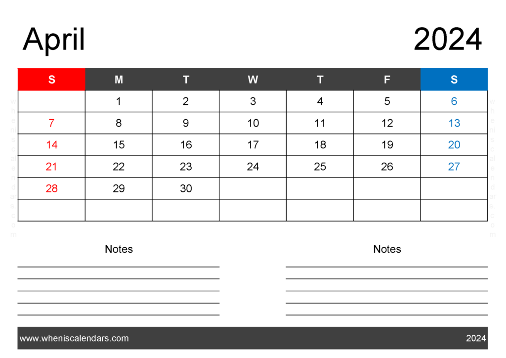 Download 2024 April Calendar Free Printable A4 Horizontal 44201
