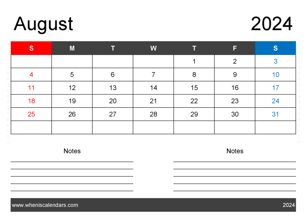 Download 2024 August Calendar Free Printable A4 Horizontal 84201