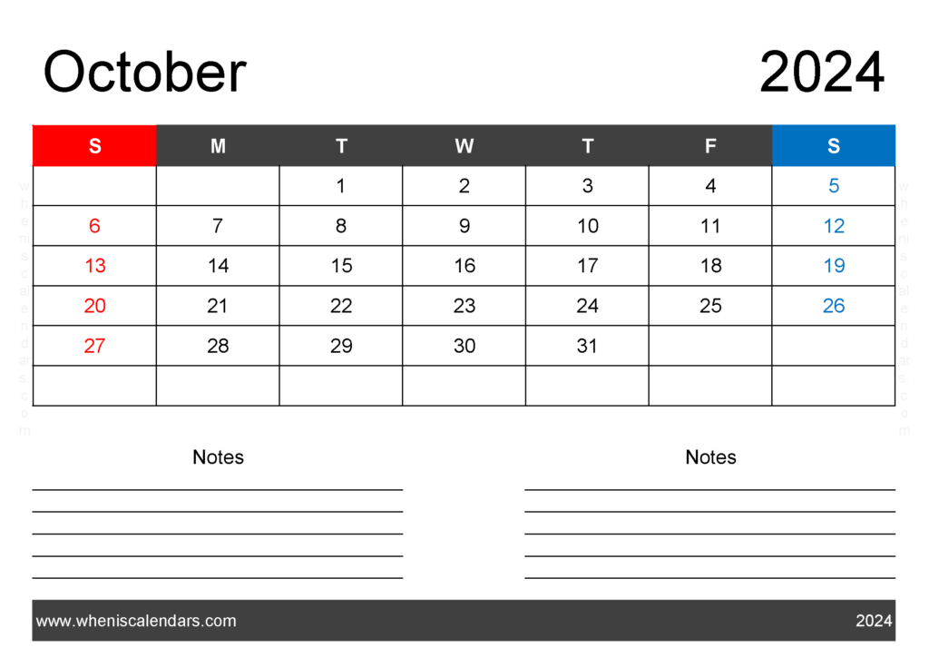 Download 2024 October Calendar Free Printable A4 Horizontal 104201