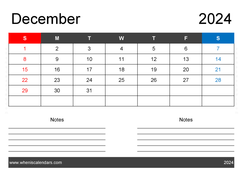 Download 2024 December Calendar Free Printable A4 Horizontal 124201