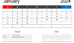 Download Jan 2024 Holiday Calendar A4 Horizontal J4121