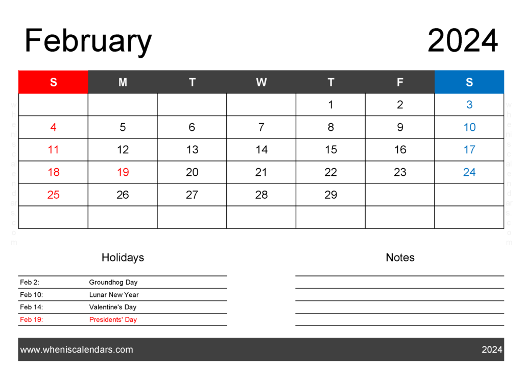 Download Feb 2024 Holiday Calendar A4 Horizontal 24121