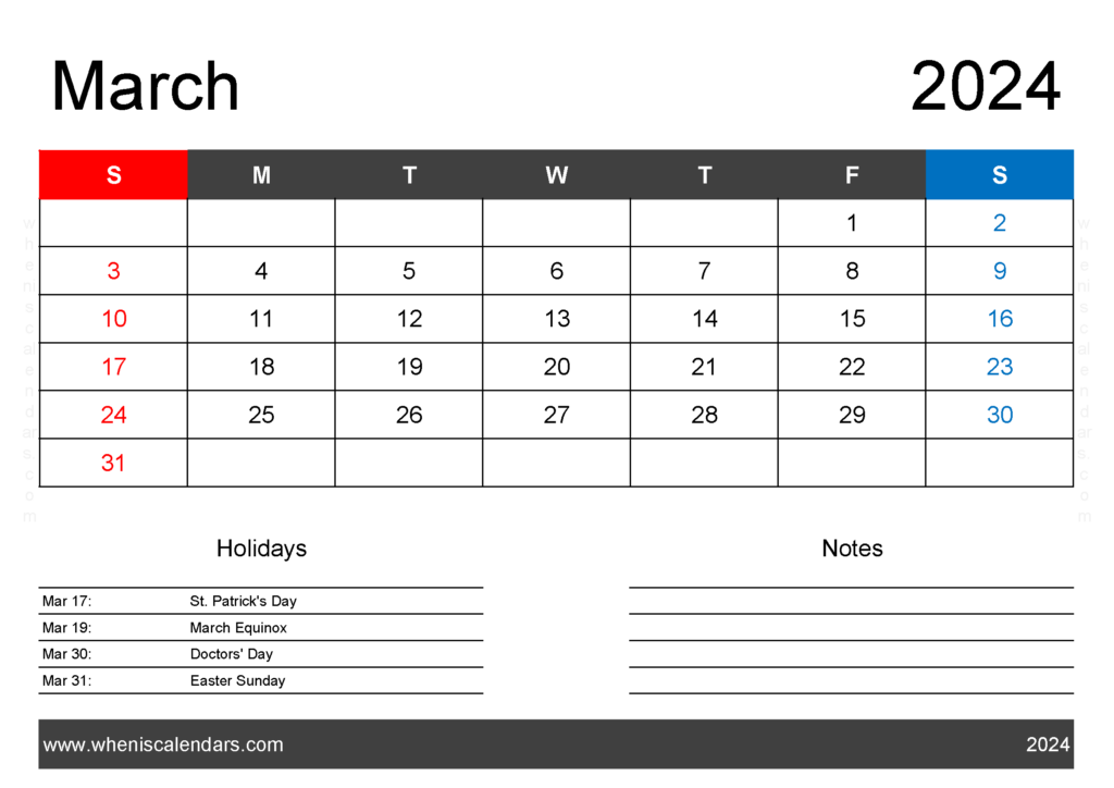 Download Mar 2024 Holiday Calendar A4 Horizontal 34121