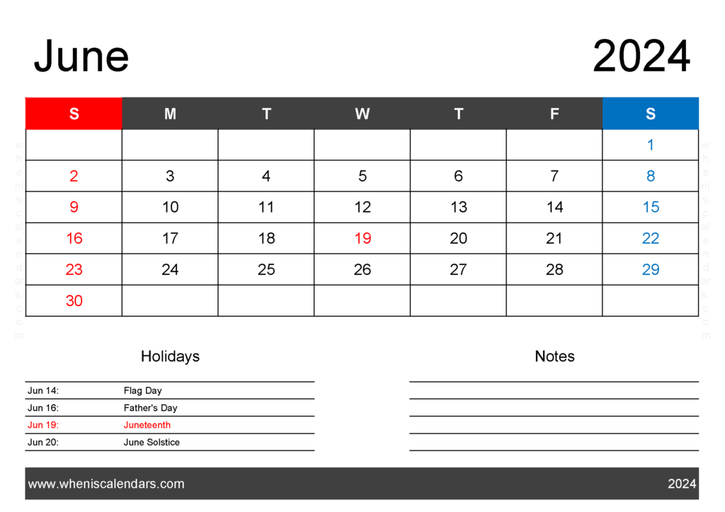 Download Jun 2024 Holiday Calendar A4 Horizontal 64121