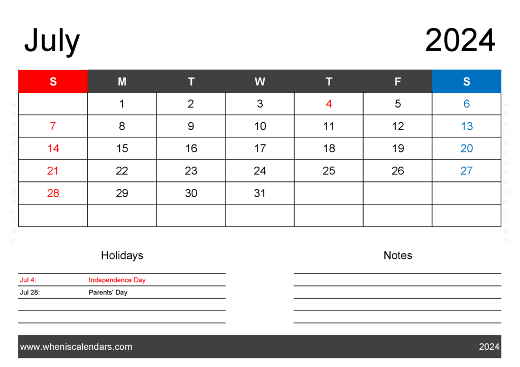 Download Jul 2024 Holiday Calendar A4 Horizontal 74121