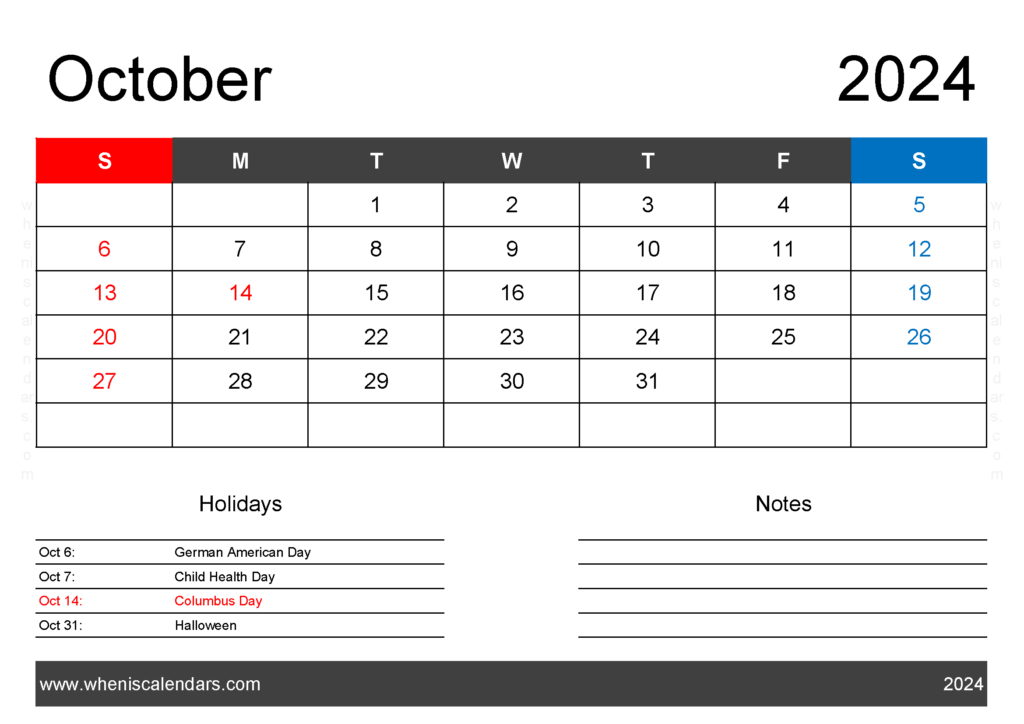 Download Oct 2024 Holiday Calendar A4 Horizontal 104121