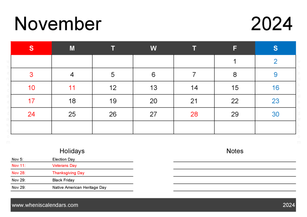 Download Nov 2024 Holiday Calendar A4 Horizontal 114121
