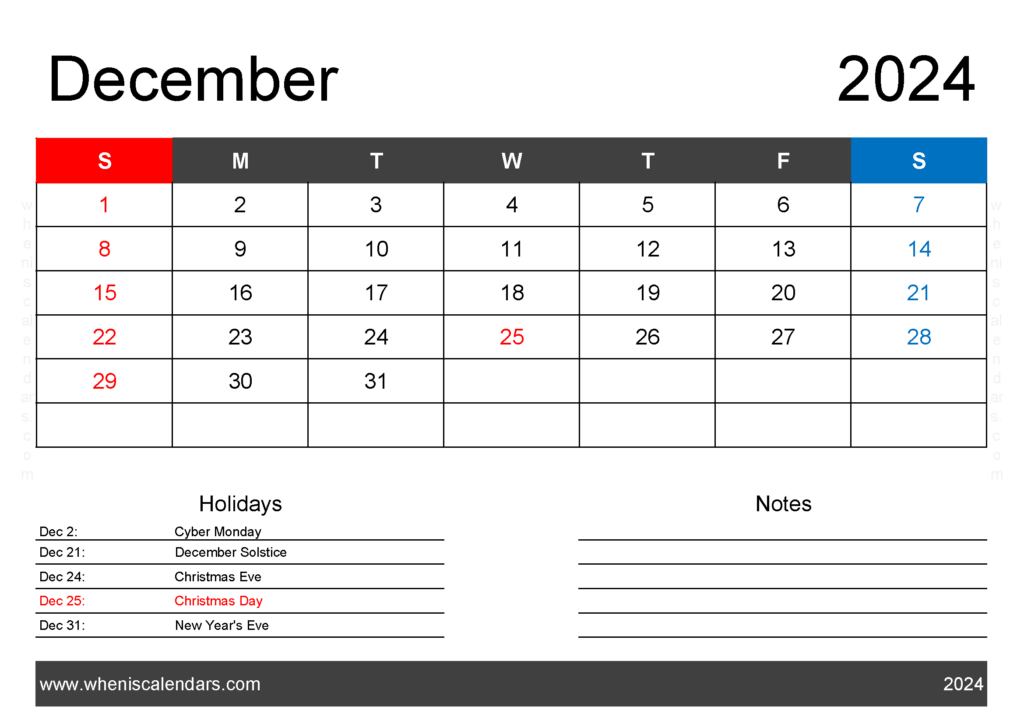 Download Dec 2024 Holiday Calendar A4 Horizontal 124121
