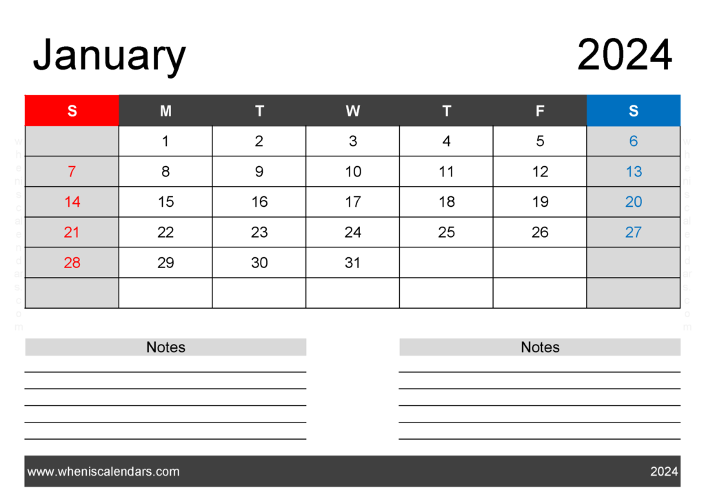 Download cute Printable January 2024 Calendar A4 Horizontal J4202