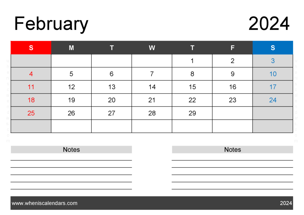 Download cute Printable February 2024 Calendar A4 Horizontal 24202
