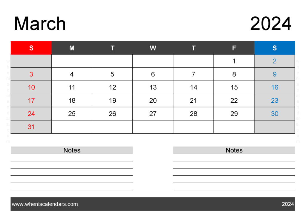 Download cute Printable March 2024 Calendar A4 Horizontal 34202