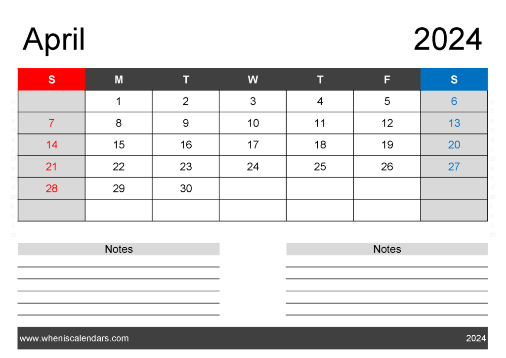 Download cute Printable April 2024 Calendar A4 Horizontal 44202
