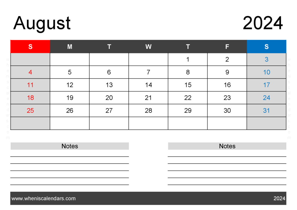 Download cute Printable August 2024 Calendar A4 Horizontal 84202