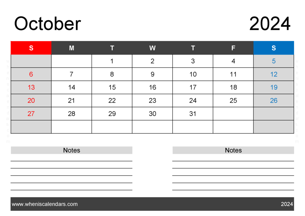 Download cute Printable October 2024 Calendar A4 Horizontal 104202